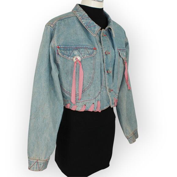 Vtg M/L HystericEtVous Crop Denim JeanJacket Western Gingham Red Cowgirl Light - Picture 10 of 14